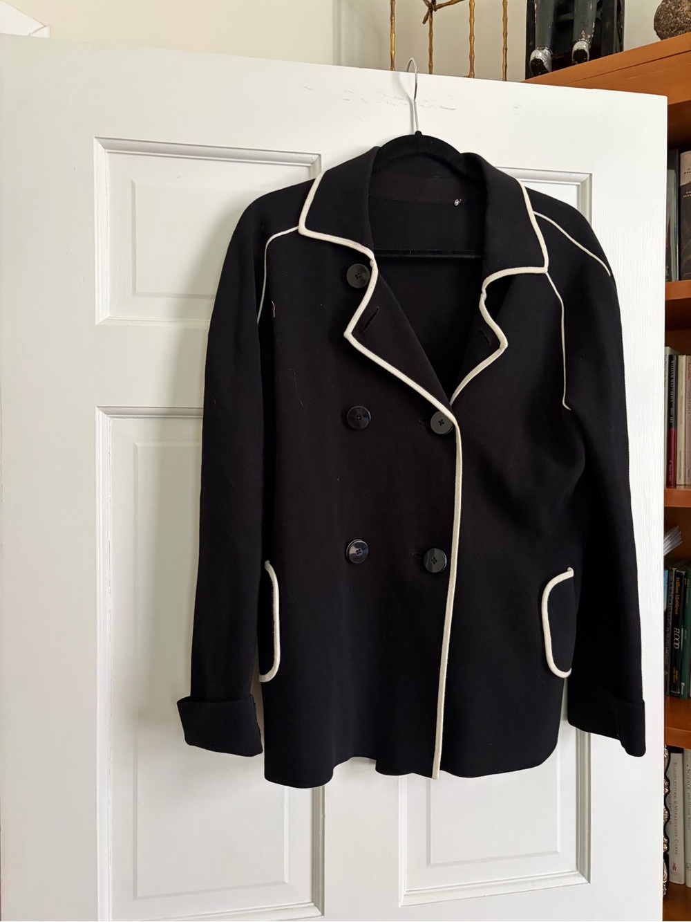 Worth Black Double-Breasted Women's Sweater with White Piping